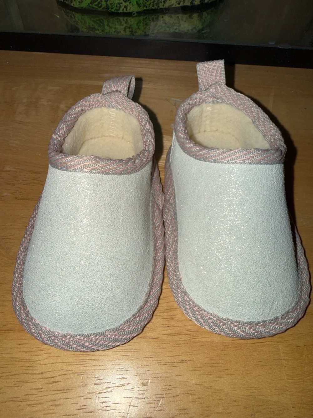 BearPaw Cream Kids Slip-On Slippers with Pink Trim
